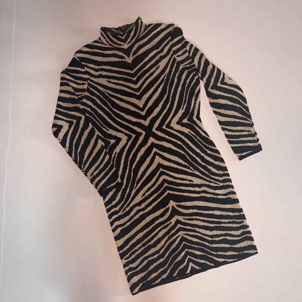 Metallic gold and black zebra stripe fitted knit dress size Large